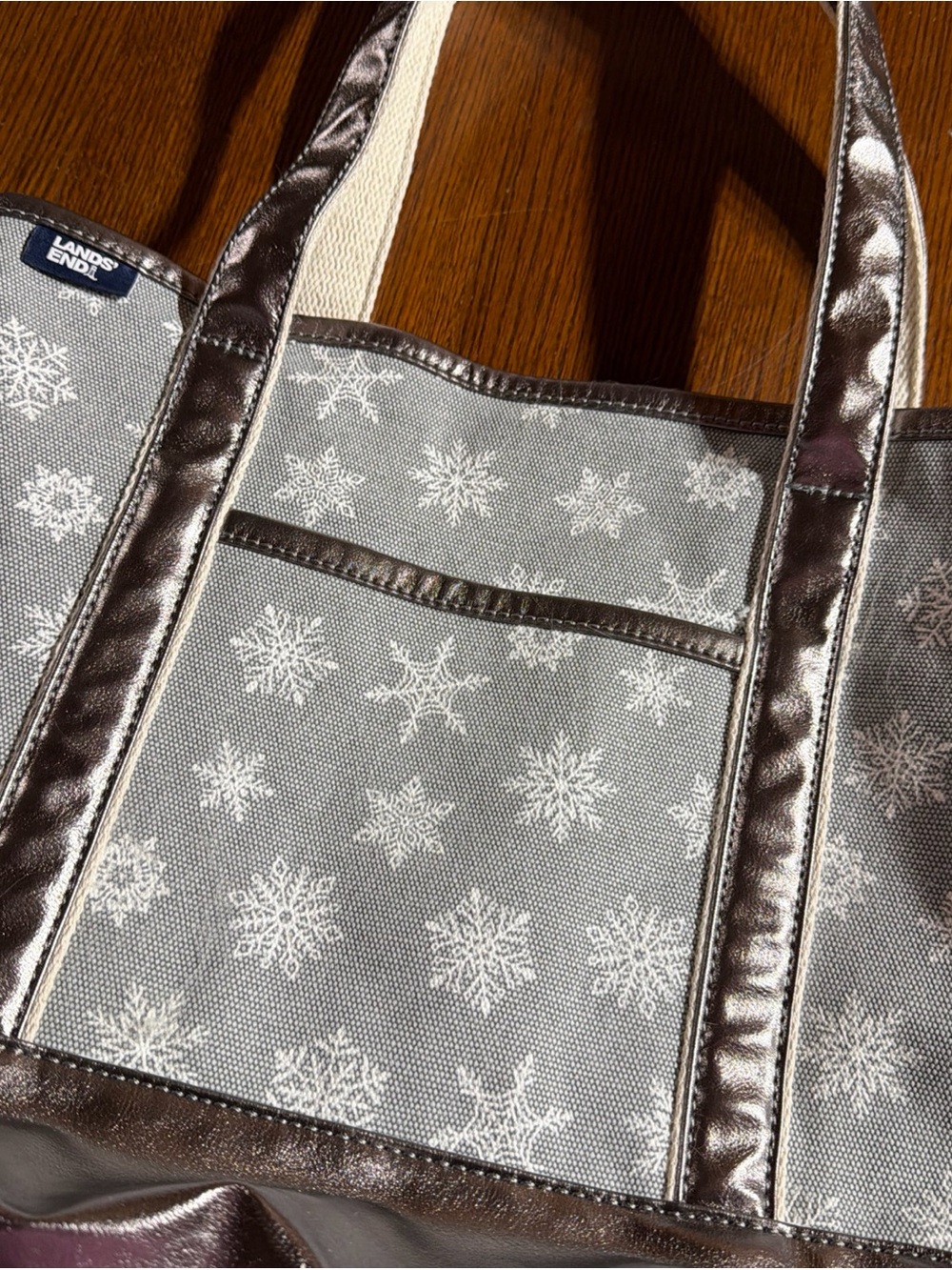 Lands' End Gray Tote with White Snowflake Print and Brown Trim